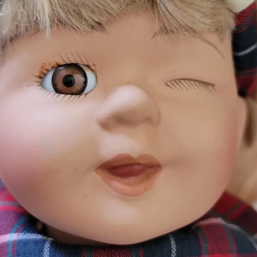 Paper Boy Winking Porcelain Doll Brown Eyes Blonde Hair 16 Inches Collector
